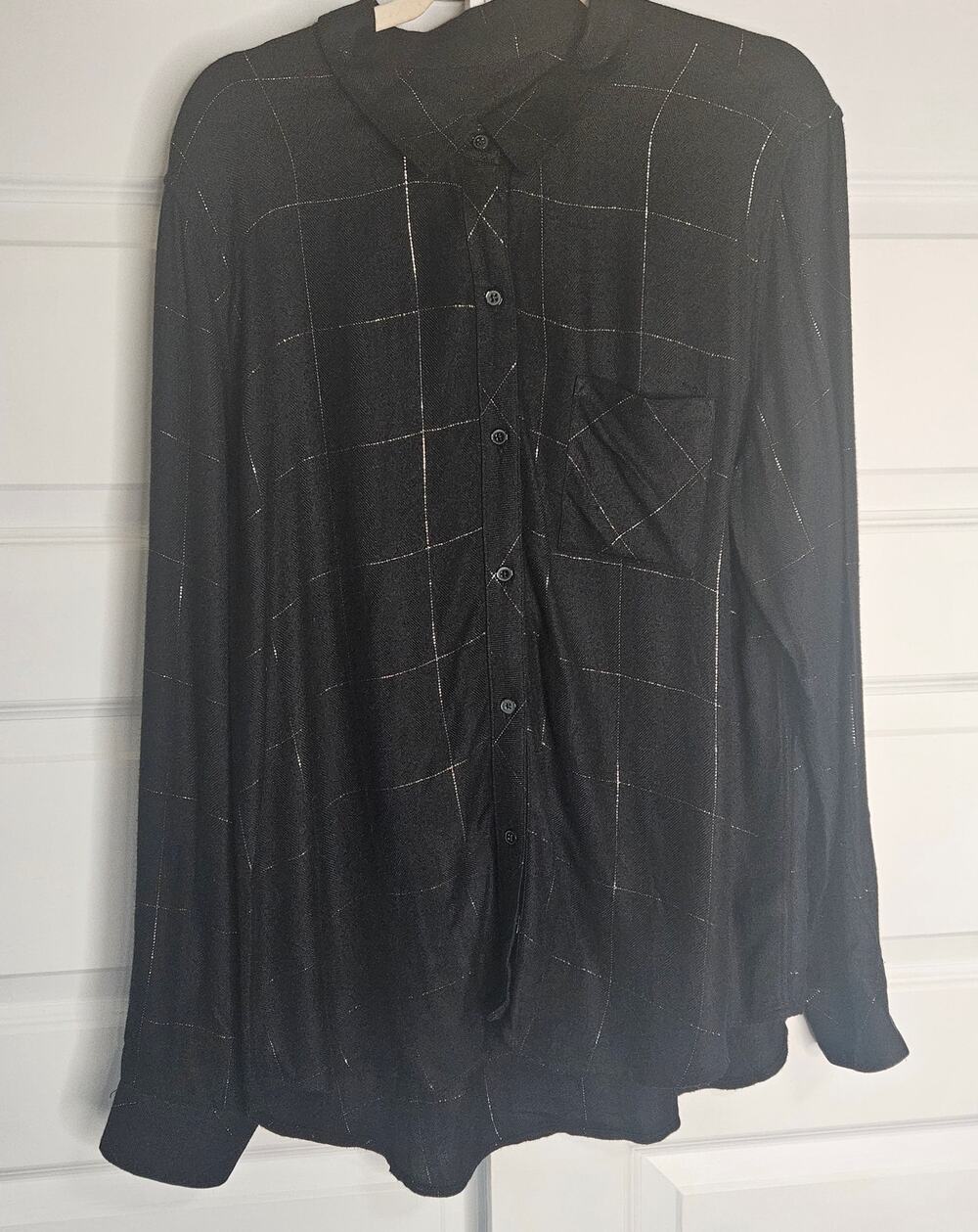 Metallic Silver Windowpane Plaid Button Down Shirt Blouse High Low Hem XL
